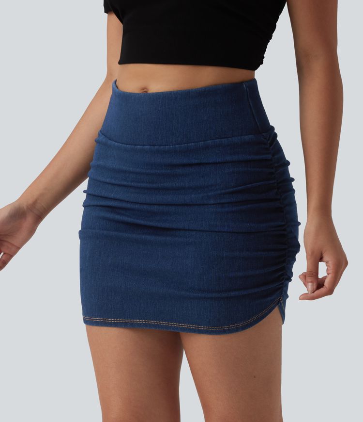 Halara Flex™ Mid Rise Tummy Control Ruched Bodycon Denim Mini Casual Skirt