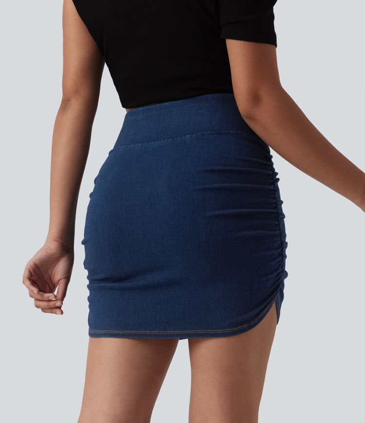 Halara Flex™ Mid Rise Tummy Control Ruched Bodycon Denim Mini Casual Skirt