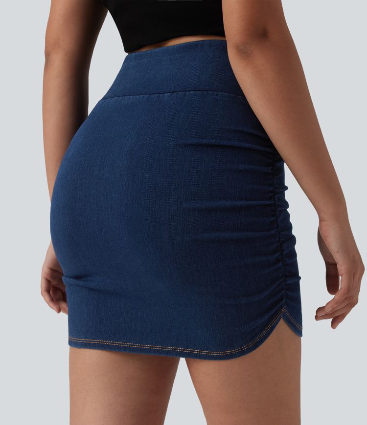 Halara Flex™ Mid Rise Tummy Control Ruched Bodycon Denim Mini Casual Skirt