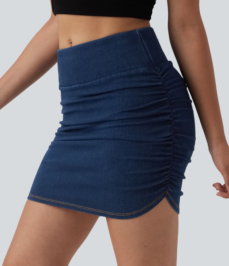 Halara Flex™ Mid Rise Tummy Control Ruched Bodycon Denim Mini Casual Skirt
