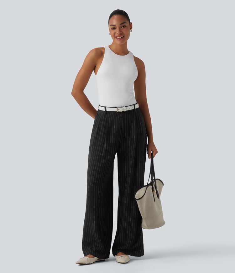 High Waisted Stripes Work Baggy Pants with Pockets High Waisted Stripes Work Baggy Pants with Pockets