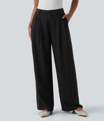 High Waisted Stripes Work Baggy Pants with Pockets High Waisted Stripes Work Baggy Pants with Pockets