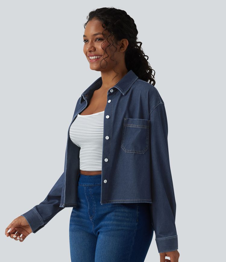 Halara Flex™ Denim Collar Long Sleeve Casual Shirt with Pocket