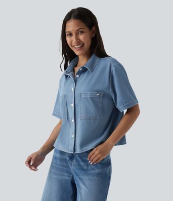 Halara Flex™ - Lässiges Denim-Hemd aus drapiertem Lyocell mit Brusttaschen und kurzen Ärmeln