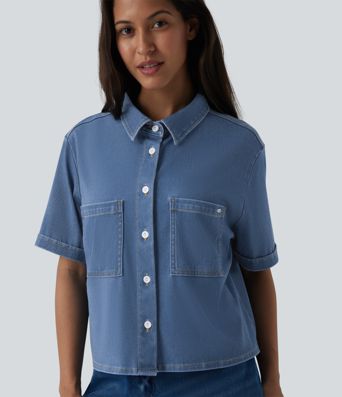 Halara Flex™ camisa casual drapeada em denim de lyocell, de manga curta, com bolsos Halara Flex™ camisa casual drapeada em denim de lyocell, de manga curta, com bolsos
