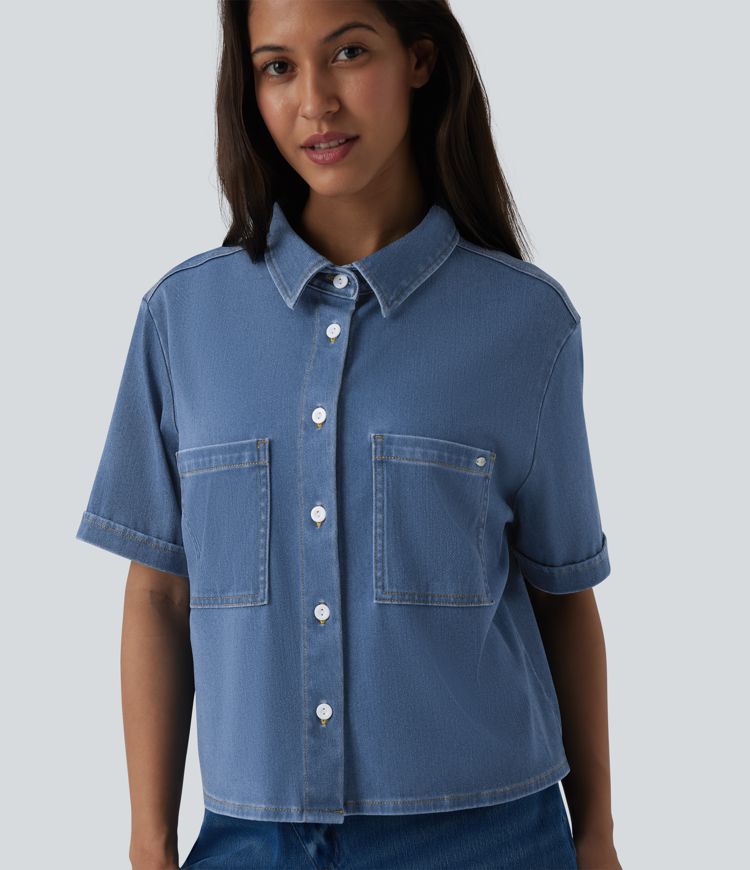 Halara Flex™ camisa casual drapeada em denim de lyocell, de manga curta, com bolsos Halara Flex™ camisa casual drapeada em denim de lyocell, de manga curta, com bolsos