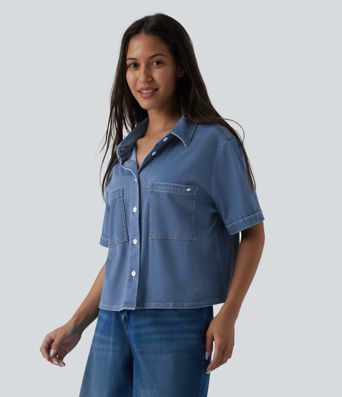 Halara Flex™ camisa casual drapeada em denim de lyocell, de manga curta, com bolsos Halara Flex™ camisa casual drapeada em denim de lyocell, de manga curta, com bolsos