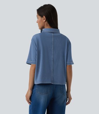 Halara Flex™ camisa casual drapeada em denim de lyocell, de manga curta, com bolsos Halara Flex™ camisa casual drapeada em denim de lyocell, de manga curta, com bolsos