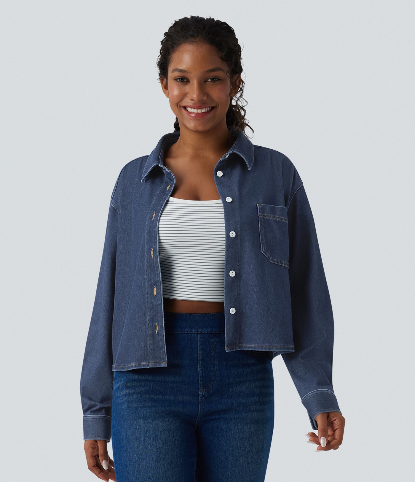 Halara Flex™ Denim Collar Long Sleeve Casual Shirt with Pocket