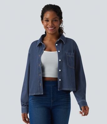Halara Flex™ Denim Collar Long Sleeve Casual Shirt with Pocket