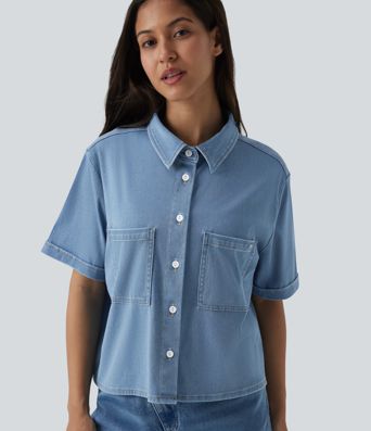 Halara Flex™ - Lässiges Denim-Hemd aus drapiertem Lyocell mit Brusttaschen und kurzen Ärmeln