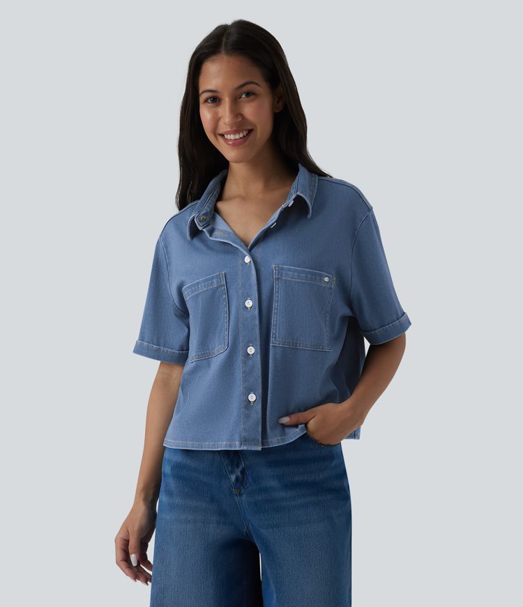 Halara Flex™ camisa casual drapeada em denim de lyocell, de manga curta, com bolsos Halara Flex™ camisa casual drapeada em denim de lyocell, de manga curta, com bolsos