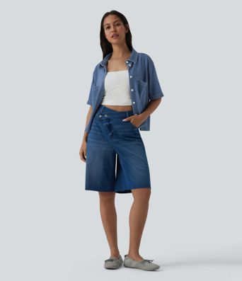 Halara Flex™ camisa casual drapeada em denim de lyocell, de manga curta, com bolsos Halara Flex™ camisa casual drapeada em denim de lyocell, de manga curta, com bolsos