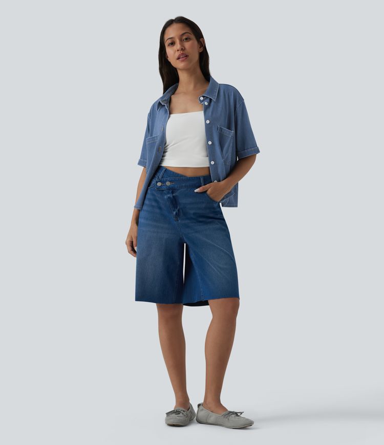 Halara Flex™ camisa casual drapeada em denim de lyocell, de manga curta, com bolsos Halara Flex™ camisa casual drapeada em denim de lyocell, de manga curta, com bolsos