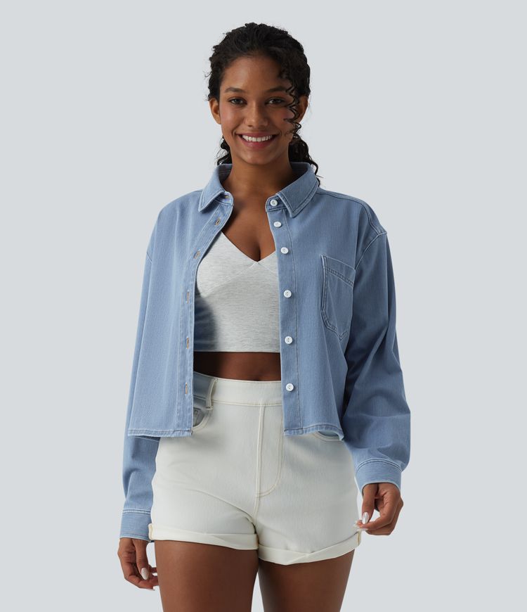 Halara Flex™ chemise décontractée à manches longues avec col en jean et poche