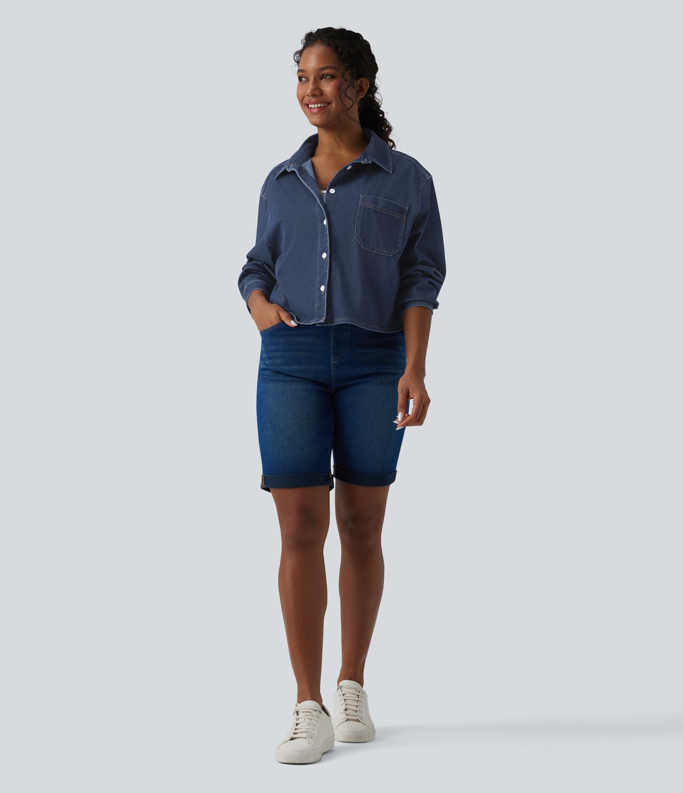 Halara Flex™ Denim Collar Long Sleeve Casual Shirt with Pocket