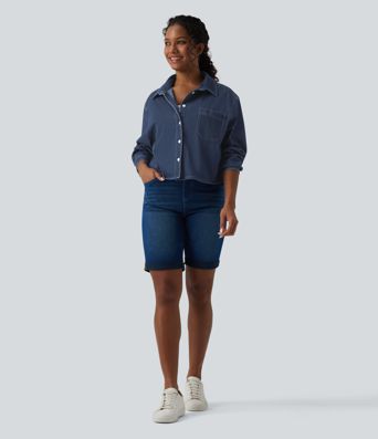Halara Flex™ Denim Collar Long Sleeve Casual Shirt with Pocket