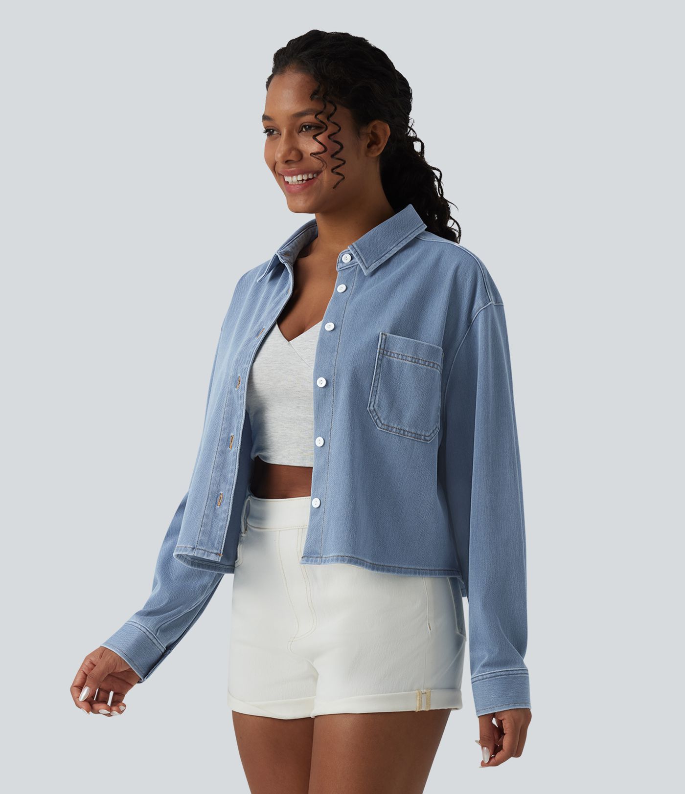 Halara Flex™ chemise décontractée à manches longues avec col en jean et poche