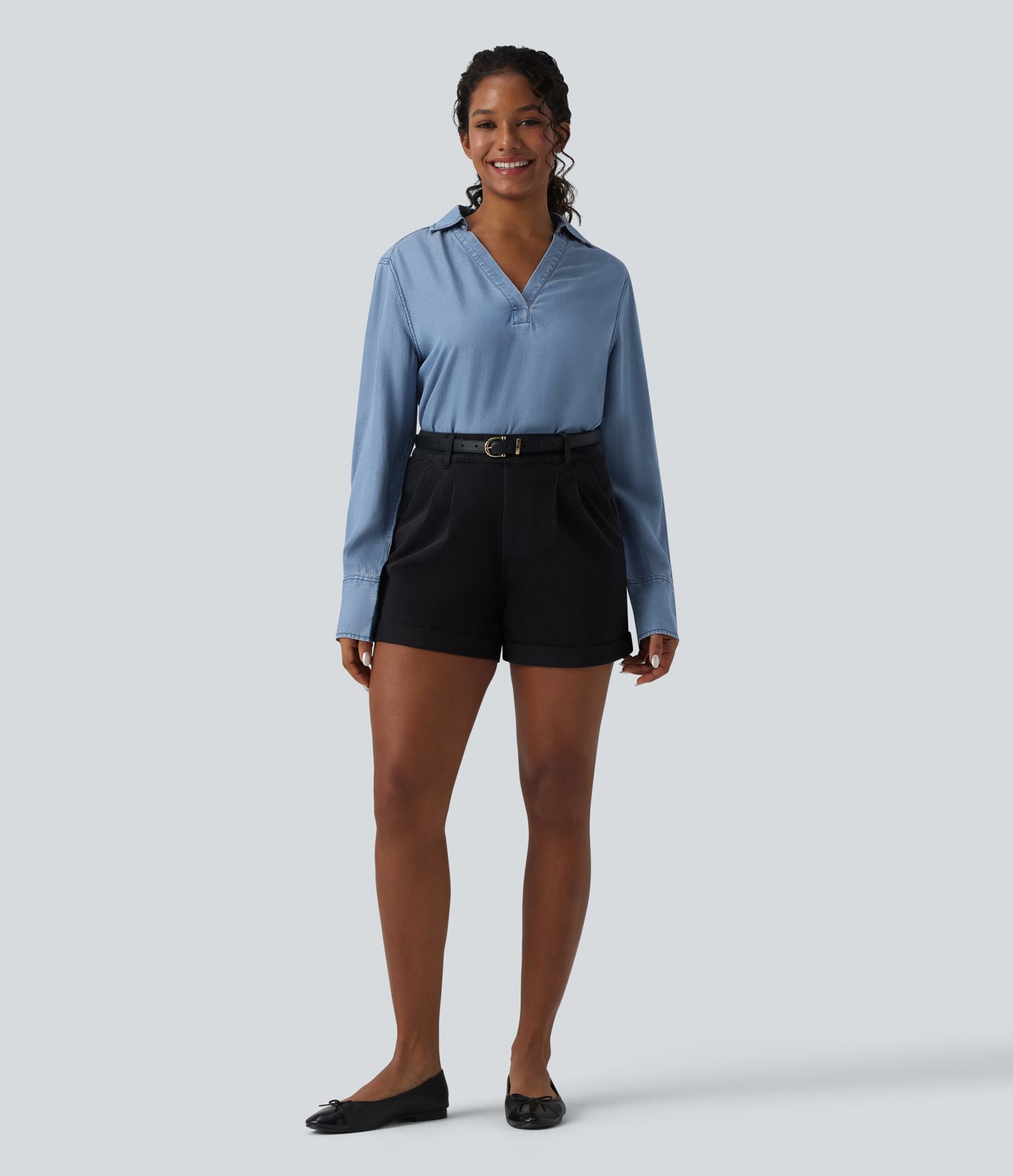 V Neck Long Sleeve Denim Casual Blouse