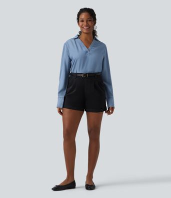 V Neck Long Sleeve Denim Casual Blouse