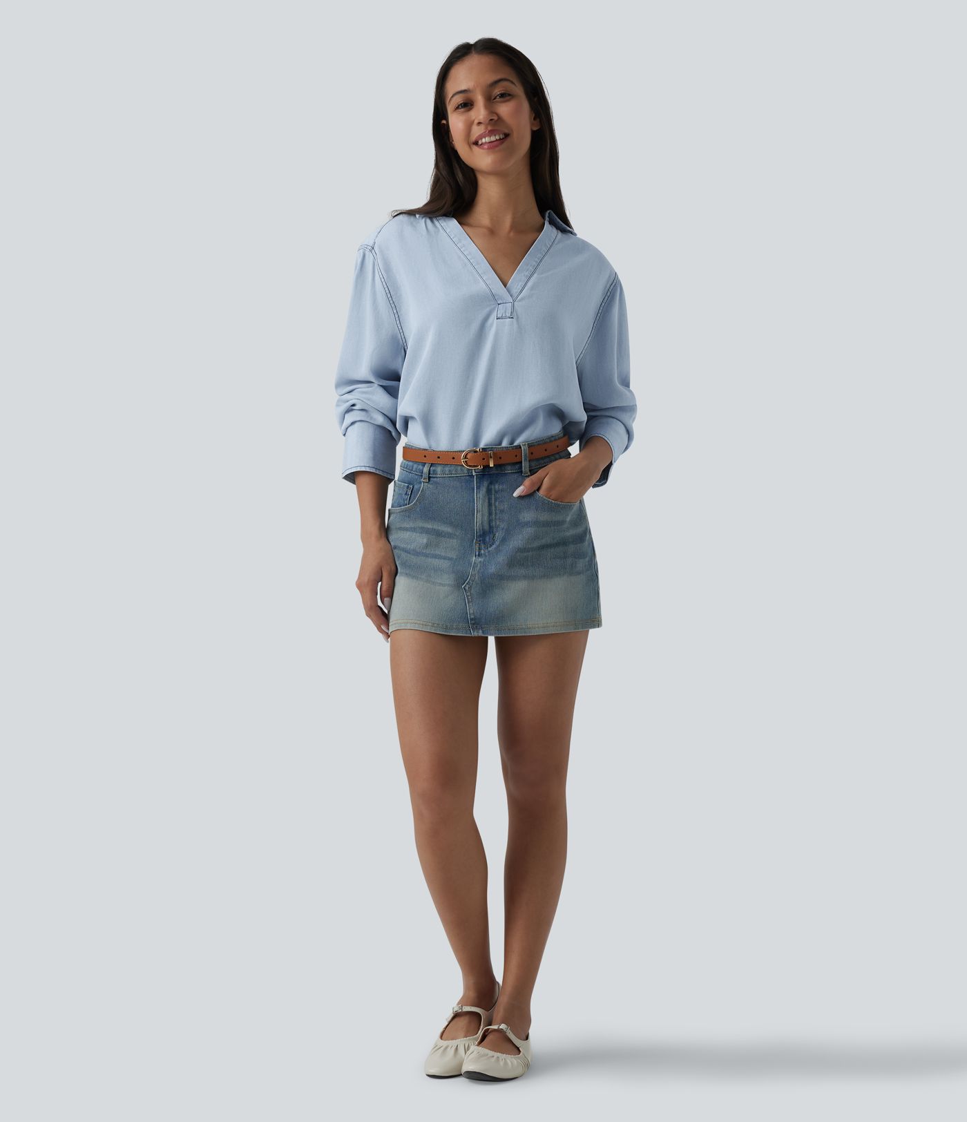 Blouse casual denim col V manches longues