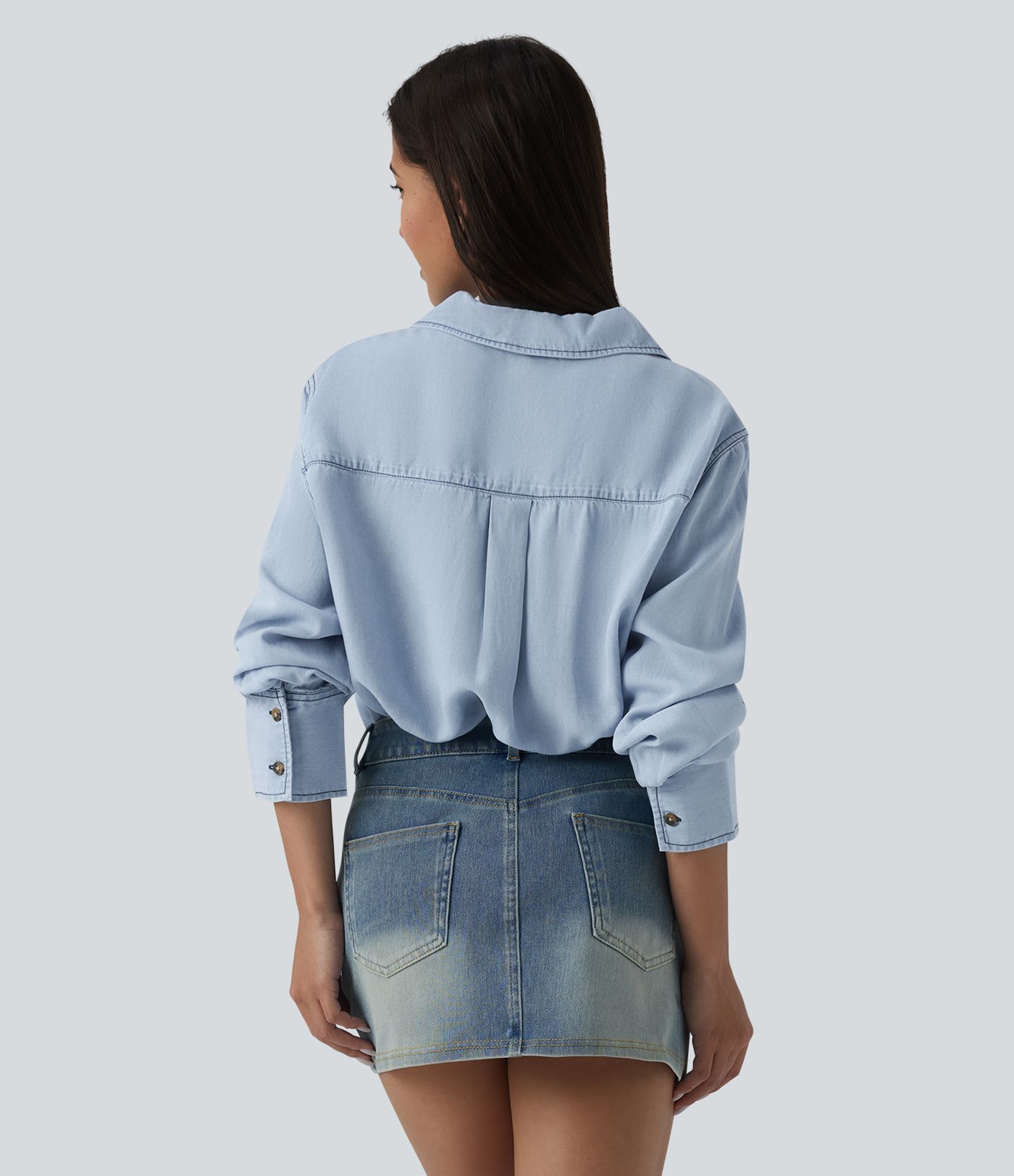 Blouse casual denim col V manches longues