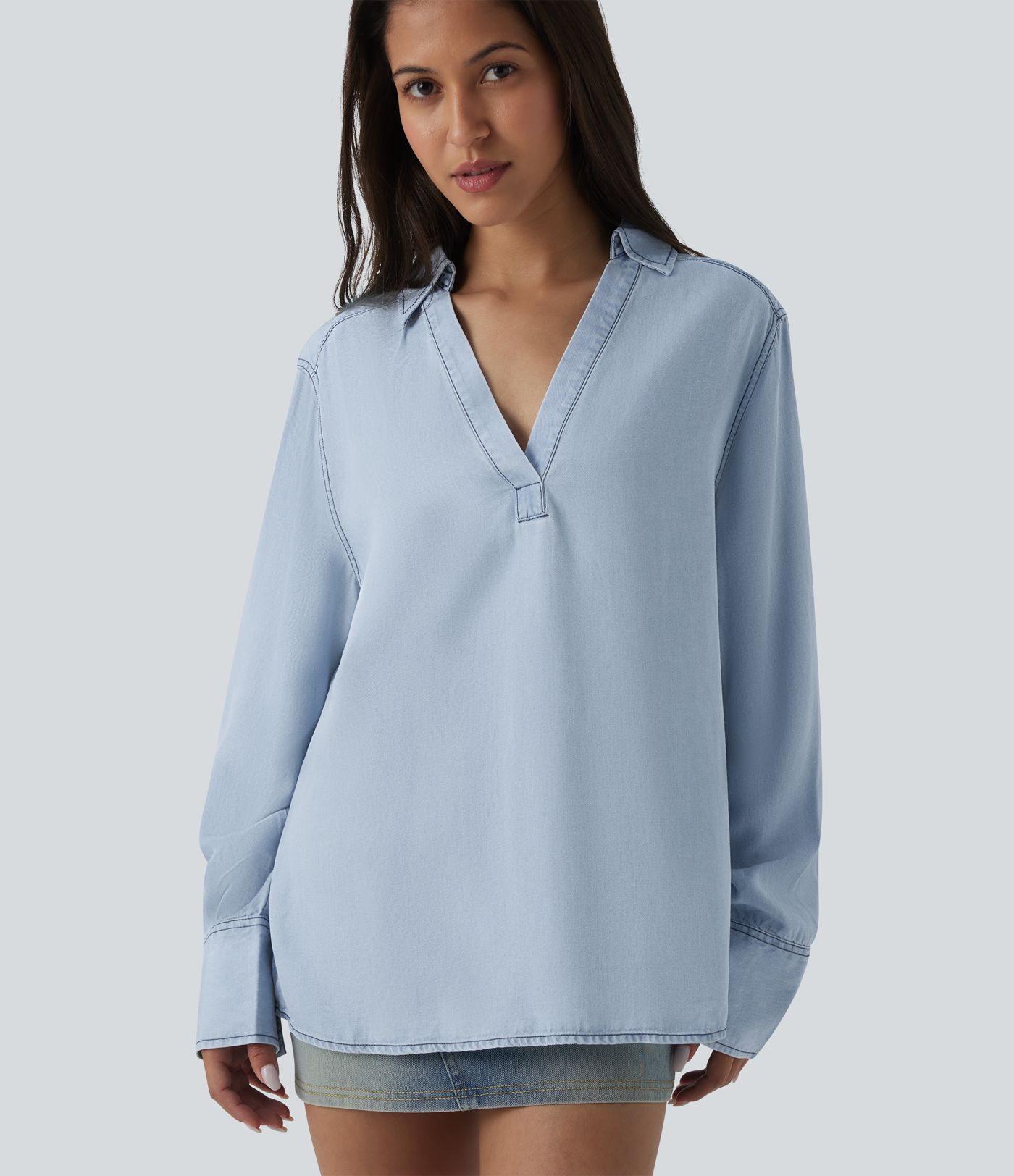 Blouse casual denim col V manches longues