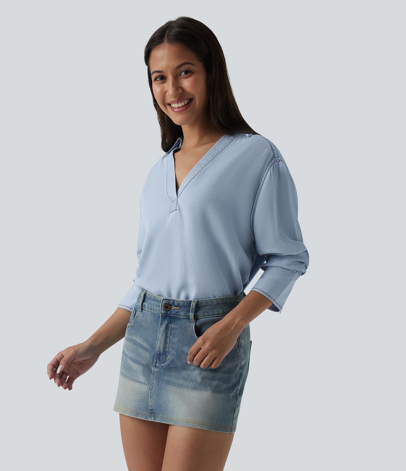 Blouse casual denim col V manches longues