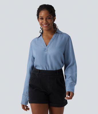 V Neck Long Sleeve Denim Casual Blouse