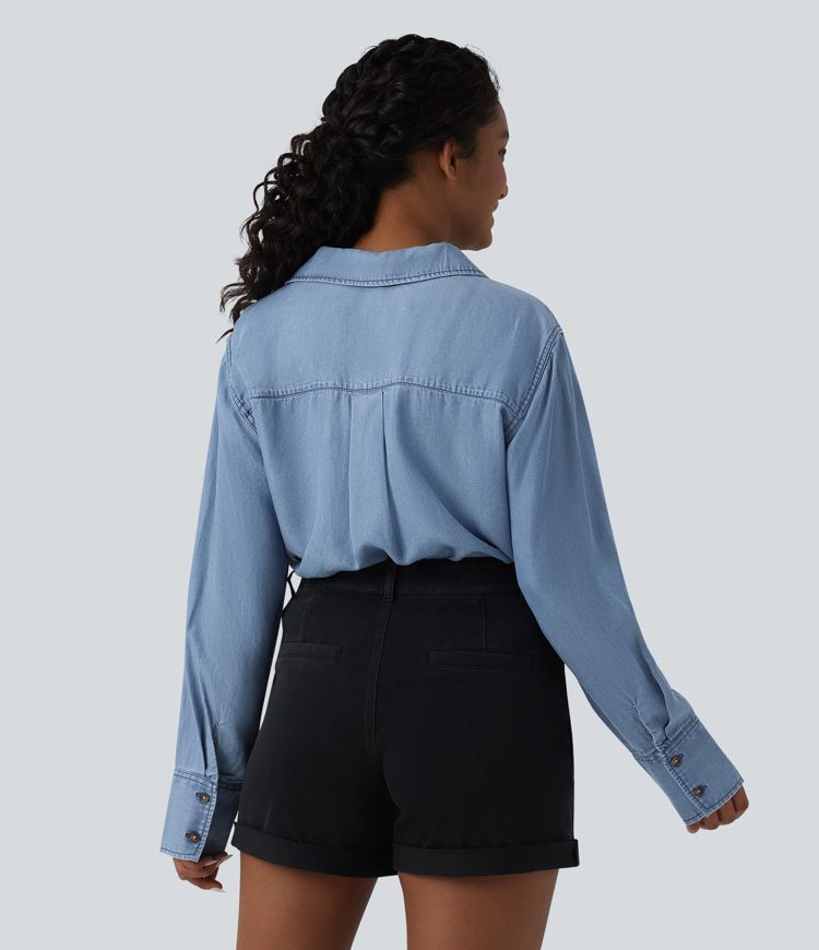 V Neck Long Sleeve Denim Casual Blouse