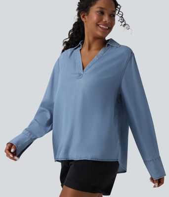 V Neck Long Sleeve Denim Casual Blouse