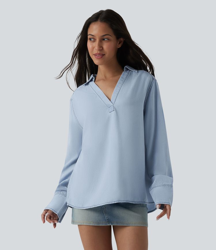 Blouse casual denim col V manches longues