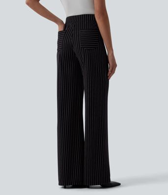 Pantalon tailleur large taille haute rayures avec poches
