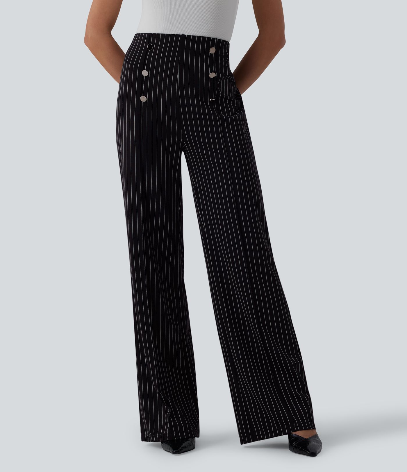 Pantalon tailleur large taille haute rayures avec poches