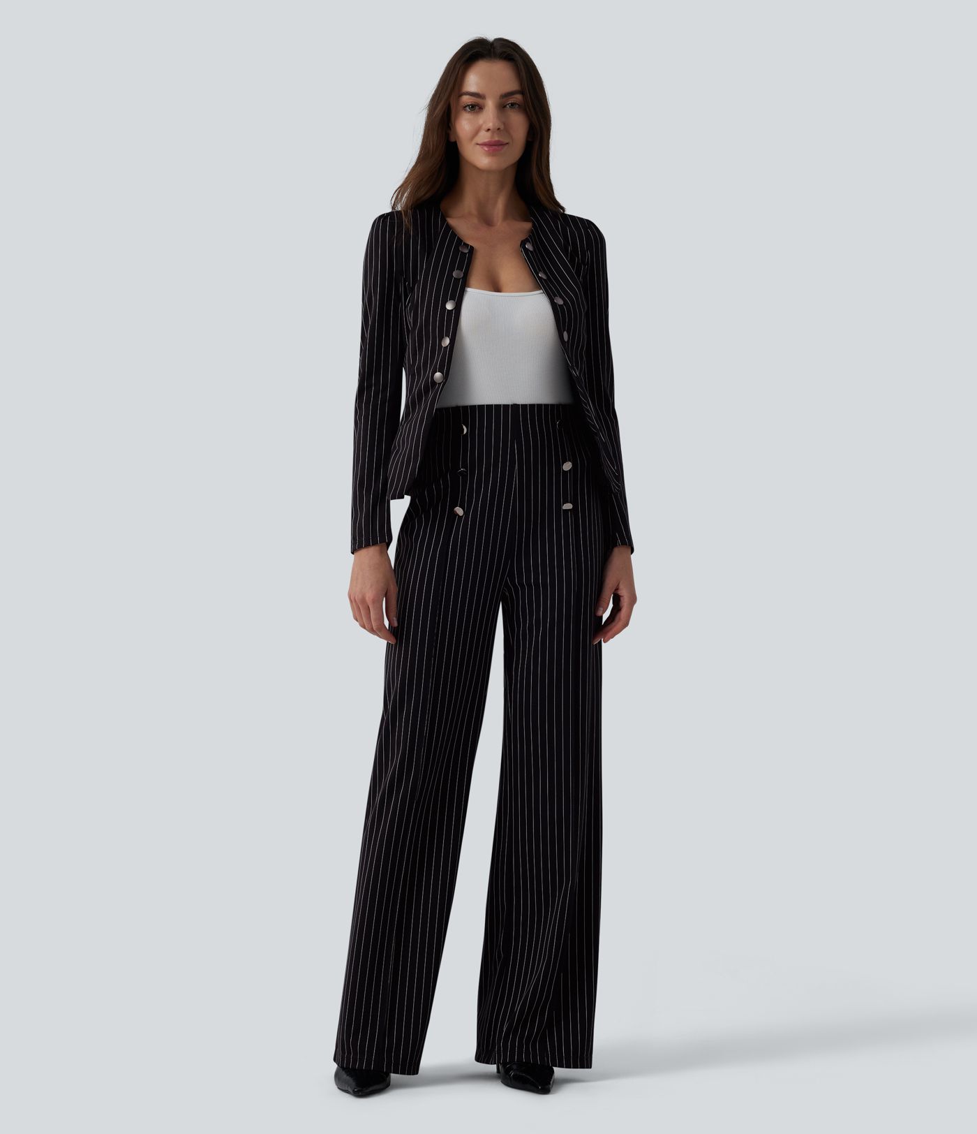 Pantalon tailleur large taille haute rayures avec poches