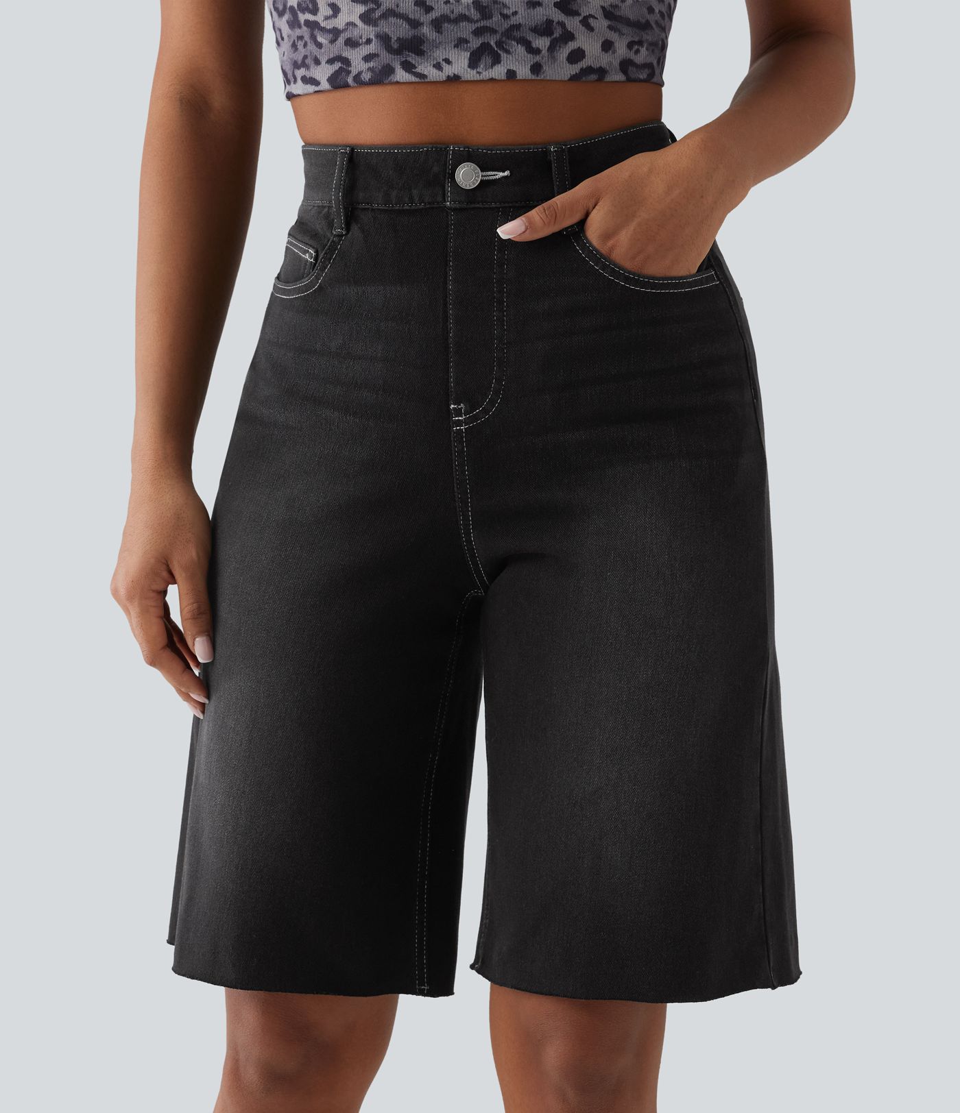 Halara Flex™ High Waisted Tummy Control Denim Casual Bermuda Shorts with Pockets