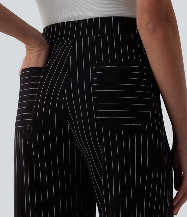 Pantalon tailleur large taille haute rayures avec poches