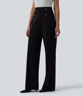 Pantalon tailleur large taille haute rayures avec poches
