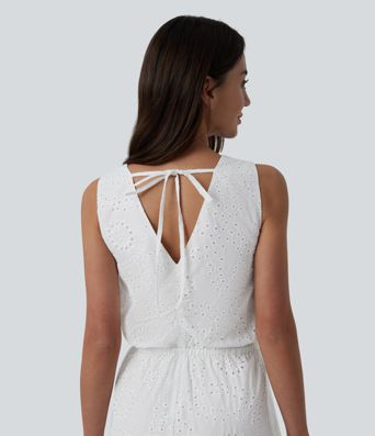V Neck Sleeveless Tie Back Flowy Midi Dress