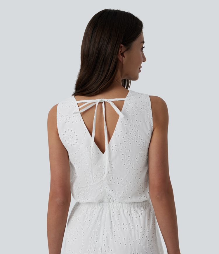 V Neck Sleeveless Tie Back Flowy Midi Dress
