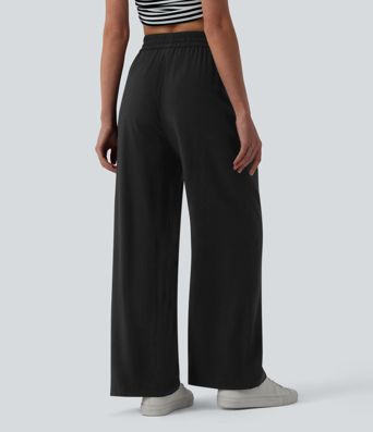 High Waisted Drawstring Wide Leg Casual Linen-Blend Pants with Pockets