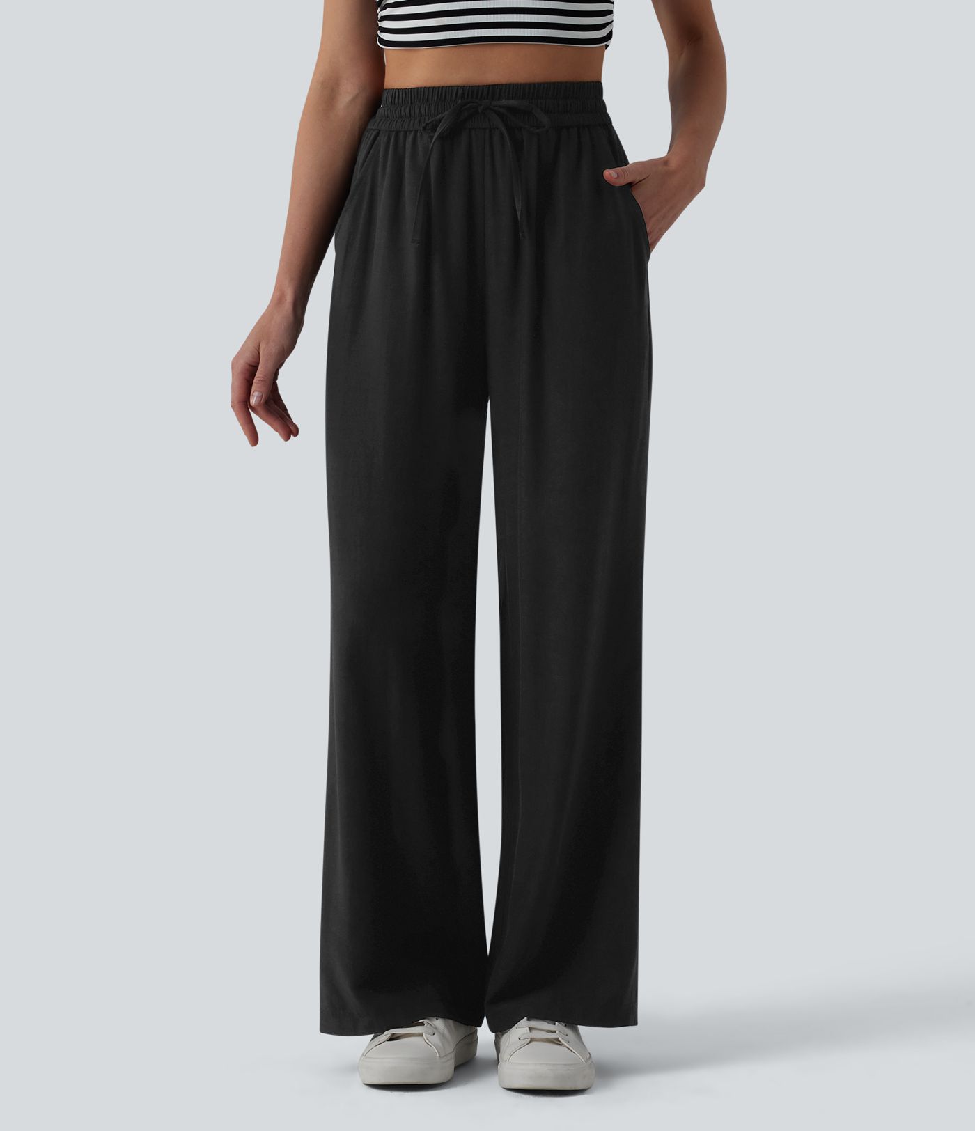 High Waisted Drawstring Wide Leg Casual Linen-Blend Pants with Pockets