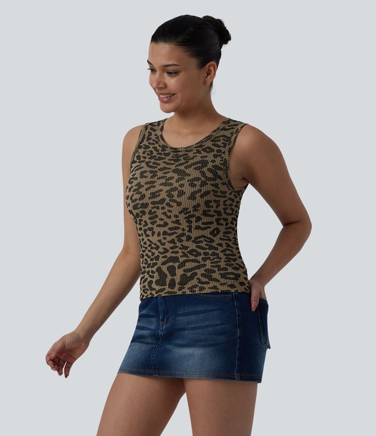 OneForm Seamless Flow Round Neck Leopard Print Casual Tank Top OneForm Seamless Flow Round Neck Leopard Print Casual Tank Top