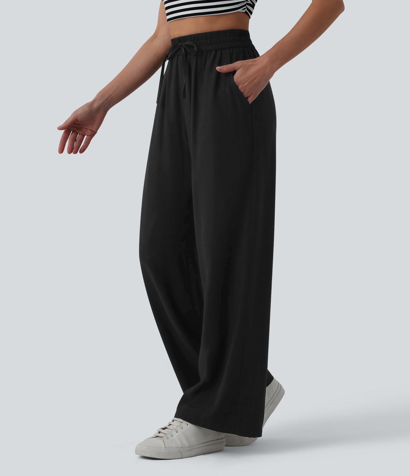 High Waisted Drawstring Wide Leg Casual Linen-Blend Pants with Pockets