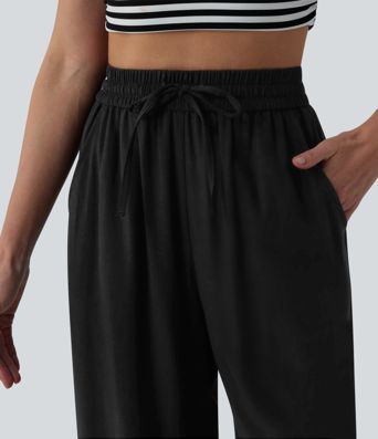 High Waisted Drawstring Wide Leg Casual Linen-Blend Pants with Pockets