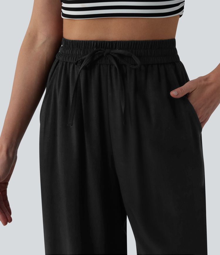 High Waisted Drawstring Wide Leg Casual Linen-Blend Pants with Pockets