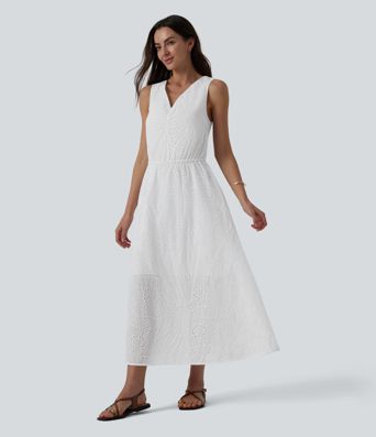 V Neck Sleeveless Tie Back Flowy Midi Dress