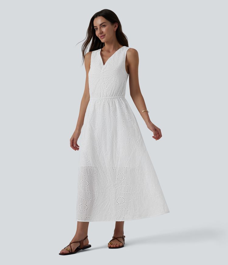 V Neck Sleeveless Tie Back Flowy Midi Dress