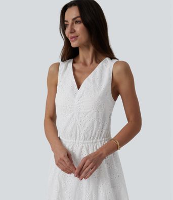 V Neck Sleeveless Tie Back Flowy Midi Dress