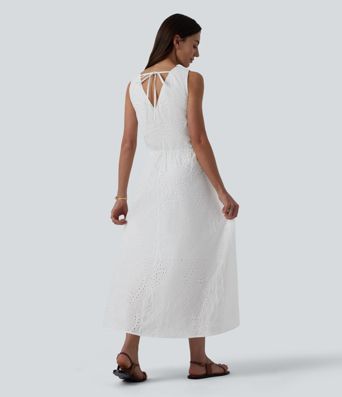 V Neck Sleeveless Tie Back Flowy Midi Dress